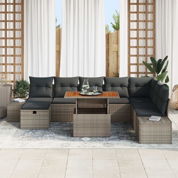 vidaXL Conjunto de sof&aacute; de jard&iacute;n 9 pcs Gris Polirat&aacute;n