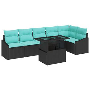 vidaXL Conjunto de sof&aacute; de jard&iacute;n 7 uds. Negro y azul rat&aacute;n sint&eacute;tico