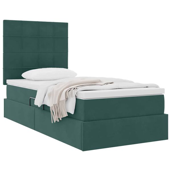 vidaXL Cama con almacenamiento y colch&oacute;n Verde oscuro 90 x 190 cm