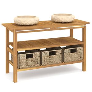 vidaXL Tocador de ba&ntilde;o madera maciza de teca con lavabos m&aacute;rmol crema