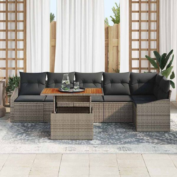 vidaXL Conjunto de sof&aacute; de jard&iacute;n 7 pcs Gris Polirat&aacute;n