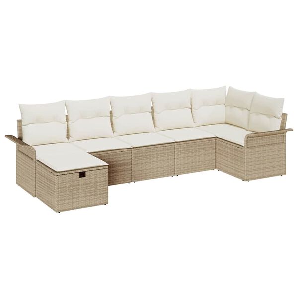 vidaXL Conjunto de sof&aacute; de jard&iacute;n 7 pcs Beige y Crema rat&aacute;n sint&eacute;tico