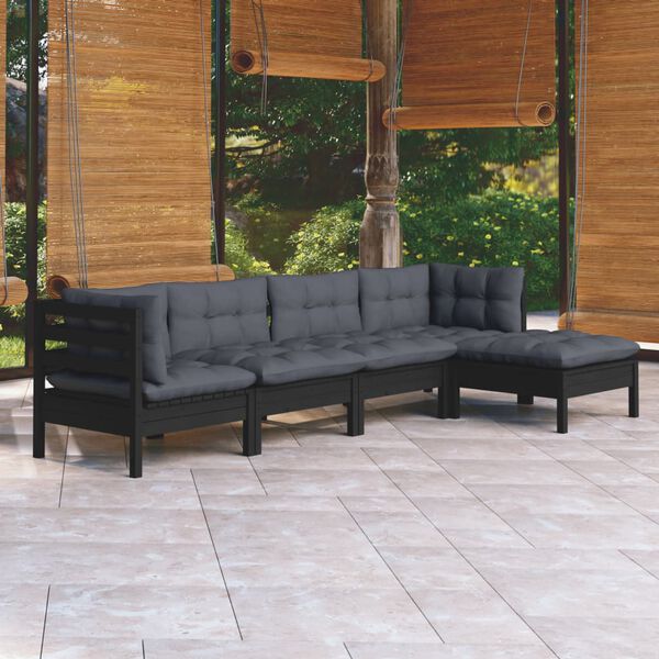 vidaXL Muebles de jardín 5 pzas con cojines negro madera de pino