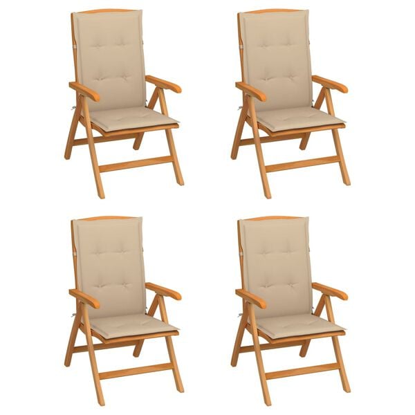 vidaXL Sillas de jard&iacute;n reclinables con cojines 4 uds teca maciza