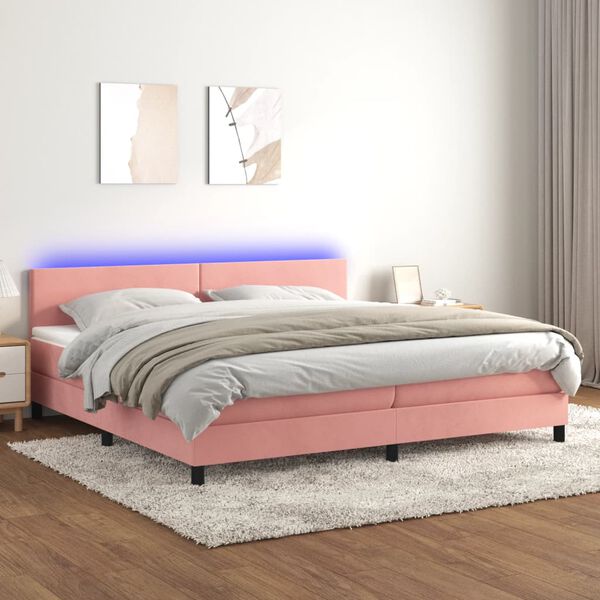 vidaXL Cama box spring colch&oacute;n y LED terciopelo rosa 200x200 cm