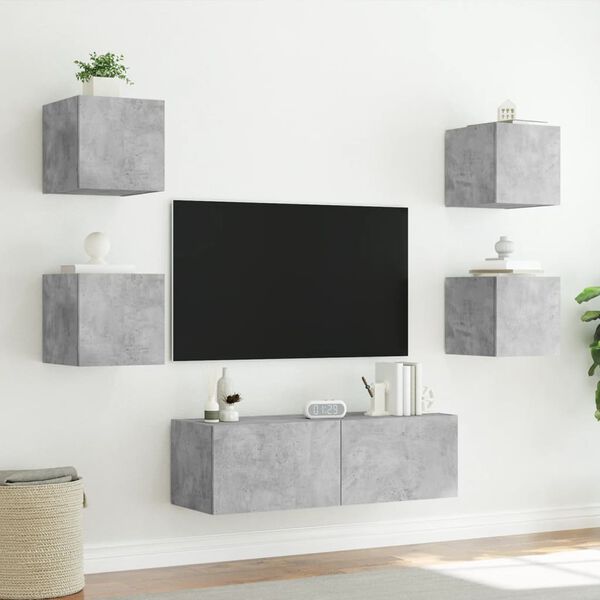 vidaXL Muebles de TV de pared con luces LED 5 piezas gris hormig&oacute;n