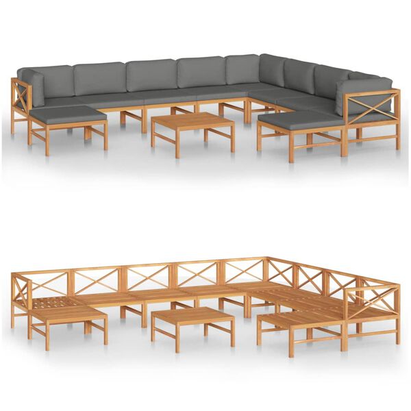 vidaXL Set de muebles de jard&iacute;n 11 pzas madera de teca y cojines gris