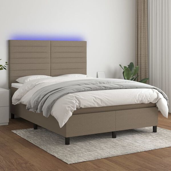 vidaXL Cama box spring colch&oacute;n y luces LED tela gris taupe 140x190 cm