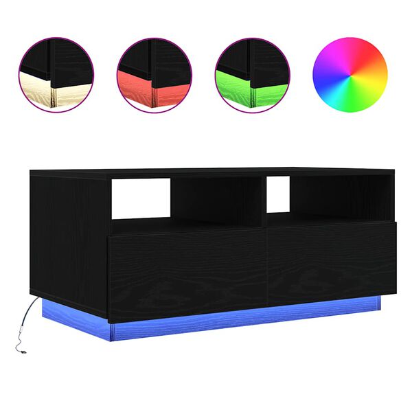 vidaXL Mesa de centro con luces LED roble negro 90x49x40 cm