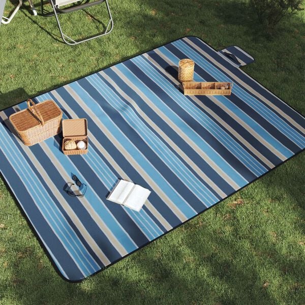 vidaXL Manta de picnic plegable terciopelo rayas azul blanco 200x150cm