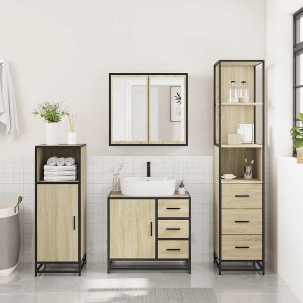vidaXL Set de muebles de ba&ntilde;o 3 pzas madera contrachapada roble Sonoma