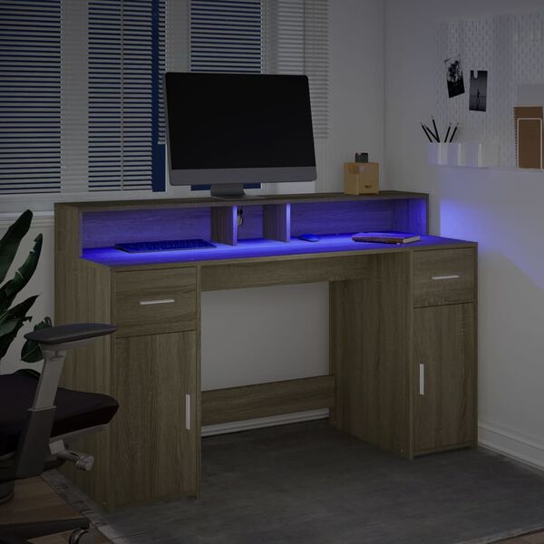 vidaXL Escritorio con LED madera ingenier&iacute;a roble Sonoma 140x55x91 cm