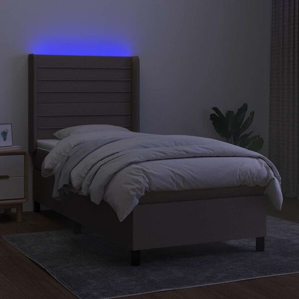 vidaXL Cama box spring colch&oacute;n y luces LED tela gris taupe 90x190 cm