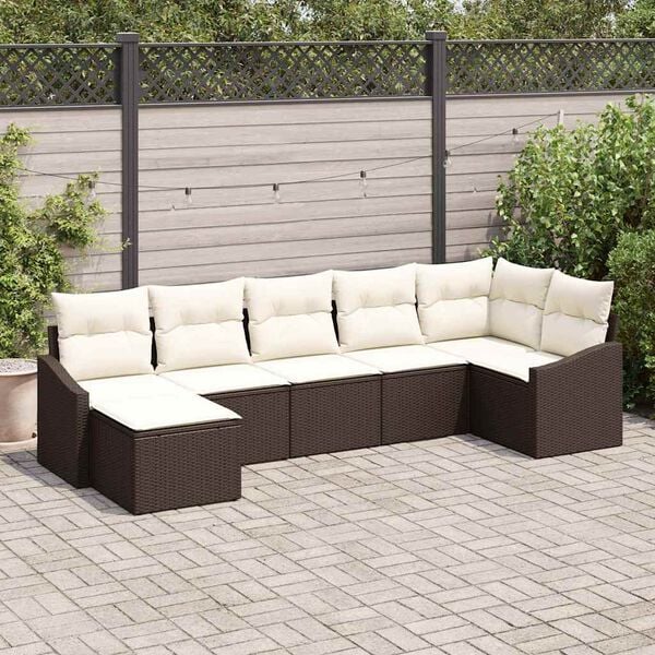 vidaXL Conjunto de sof&aacute; de jard&iacute;n 7 pcs Marr&oacute;n y crema rat&aacute;n sint&eacute;tico