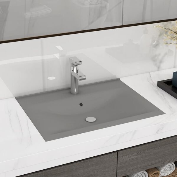 vidaXL Lavabo de lujo con grifo cer&aacute;mica 60x46 cm gris claro
