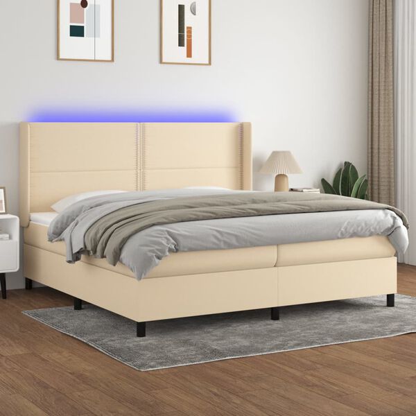 vidaXL Cama box spring colch&oacute;n y luces LED tela crema 200x200 cm