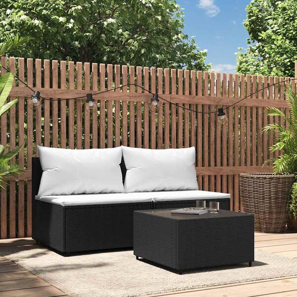 vidaXL Set de muebles de jard&iacute;n 3 pzas y cojines rat&aacute;n sint&eacute;tico negro