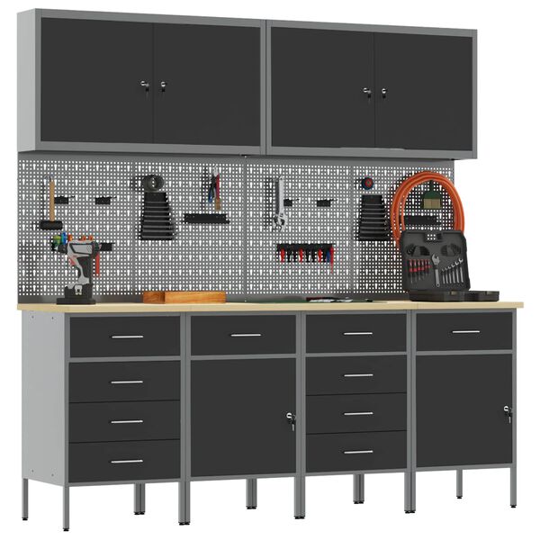 vidaXL Armario de trabajo 10 pcs Negro Madera Ingenierizada y Acero