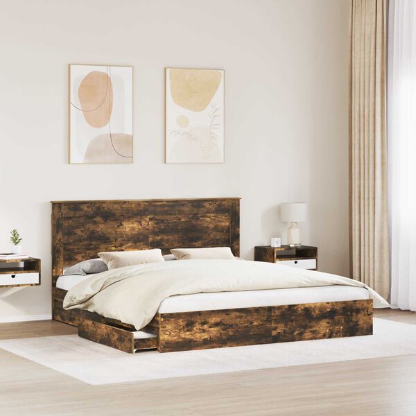 vidaXL Cama con almacenamiento con cabecera Roble ahumado 180 x 200 cm