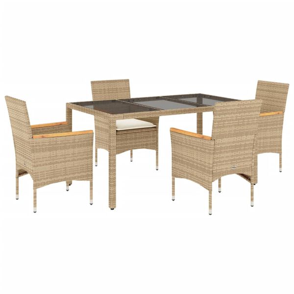 vidaXL Set comedor jard&iacute;n 5 pzas cojines rat&aacute;n sint&eacute;tico vidrio beige