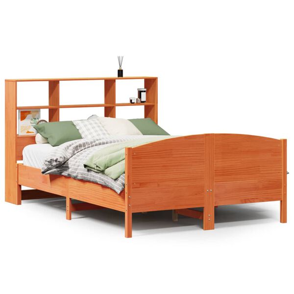 vidaXL Cama con estantería sin colchón madera maciza marrón 135x190cm