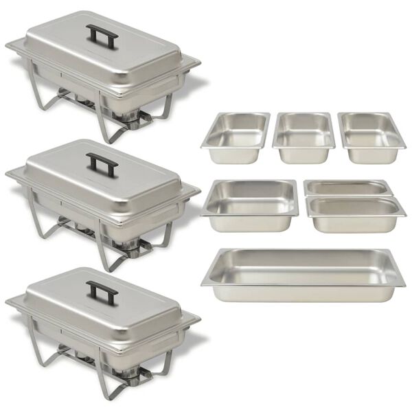vidaXL Set calentador de comida para buffet 3 piezas acero inoxidable
