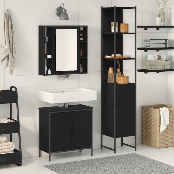 vidaXL Unidades de Tocador de Ba&ntilde;o 3 pcs Negro Madera contrachapada