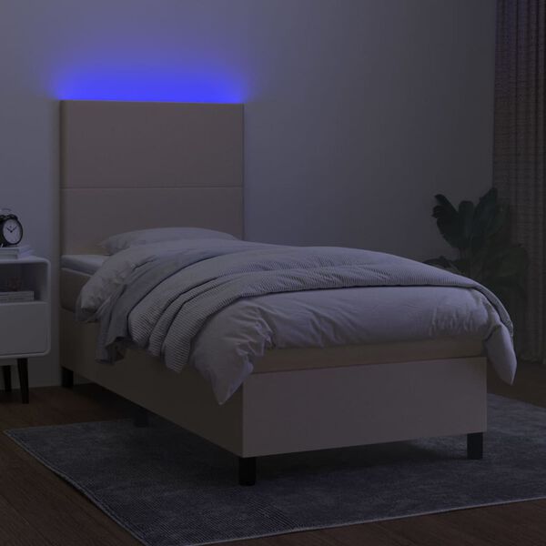 vidaXL Cama box spring colch&oacute;n y luces LED tela crema 90x200 cm
