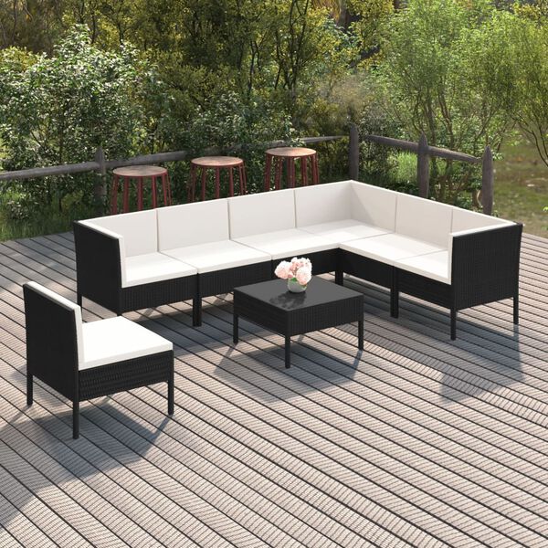 vidaXL Set de muebles de jard&iacute;n 8 pzas y cojines rat&aacute;n sint&eacute;tico negro