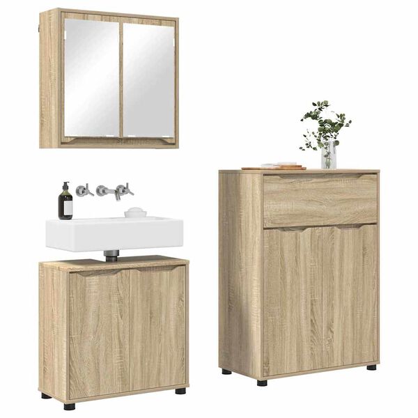 vidaXL Juego de muebles de ba&ntilde;o con caj&oacute;n con rueda 3 pcs Roble Sonoma