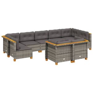 vidaXL Set de muebles de jard&iacute;n 9 pzas y cojines rat&aacute;n sint&eacute;tico gris
