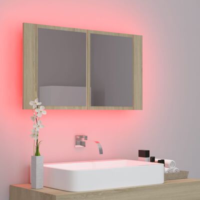 vidaXL Armario espejo de baño LED acrílico roble Sonoma 80x12x45 cm