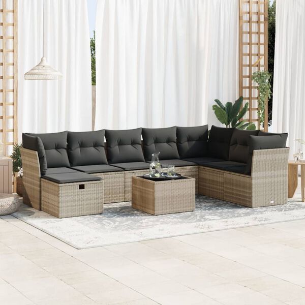 vidaXL Set muebles jard&iacute;n 9 pzas y cojines rat&aacute;n sint&eacute;tico gris claro