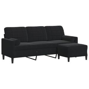 vidaXL Sof&aacute; de 3 plazas con taburete de terciopelo negro 180 cm