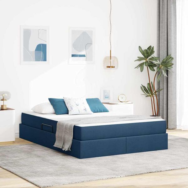 vidaXL Cama con almacenamiento y colch&oacute;n Azul 140 x 200 cm Poli&eacute;ster