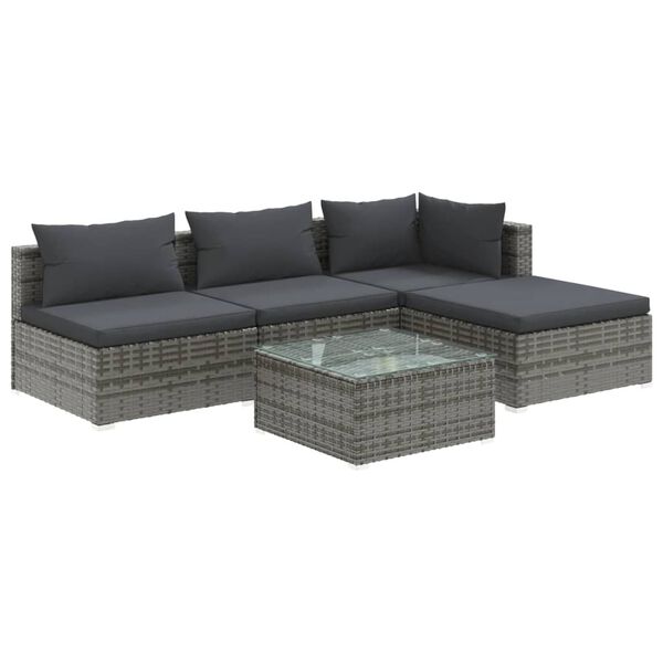 vidaXL Set de muebles de jardín 5 pzas y cojines ratán sintético gris