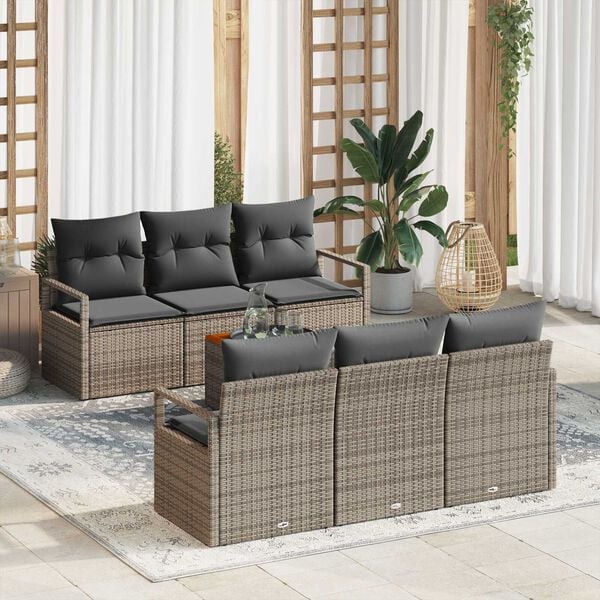 vidaXL Conjunto de sof&aacute;s de jard&iacute;n 7 pcs Gris rat&aacute;n sint&eacute;tico