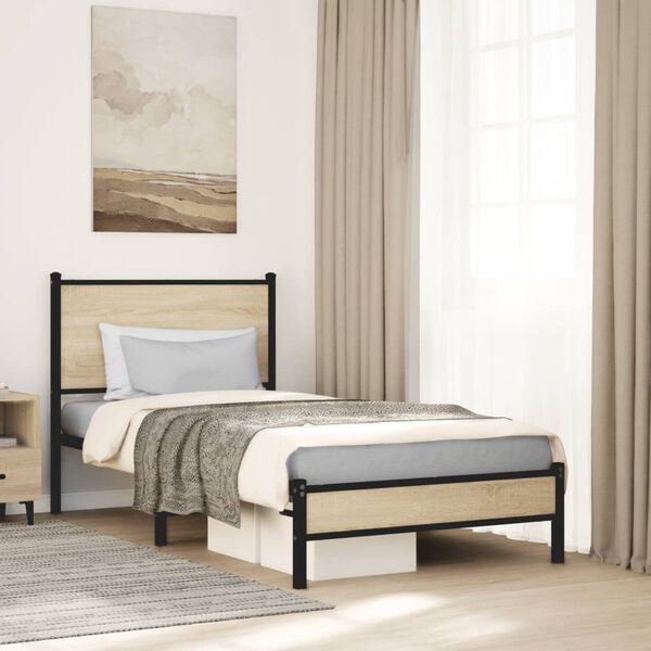 vidaXL Estructura de cama sin colch&oacute;n metal roble Sonoma 90x190 cm