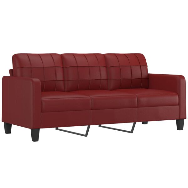vidaXL Sof&aacute; 3 plazas almohadas y cojines cuero sint&eacute;tico rojo tinto