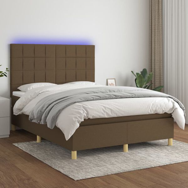 vidaXL Cama box spring colch&oacute;n luces LED tela marr&oacute;n oscuro 140x190 cm