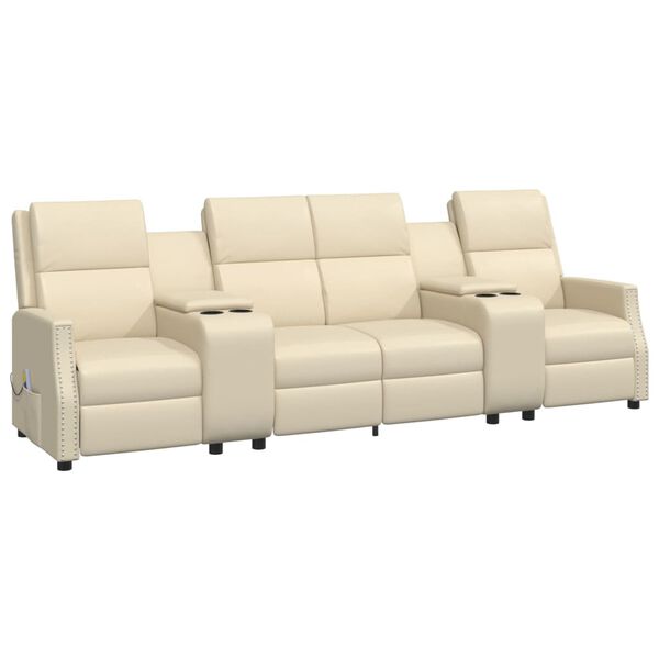 vidaXL Sill&oacute;n reclinable masaje 4 plazas y portavasos cuero PE crema