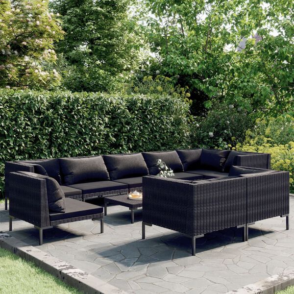 vidaXL Muebles de jard&iacute;n 10 pzas y cojines rat&aacute;n sint&eacute;tico gris oscuro