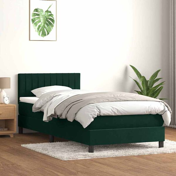 vidaXL Cama box spring con colch&oacute;n y LED terciopelo verde oscuro 90x220 cm