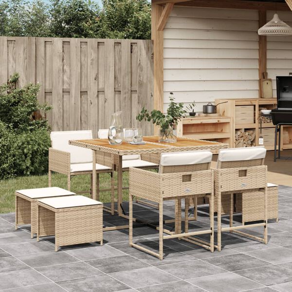 vidaXL Set comedor de jard&iacute;n 9 pzas con cojines rat&aacute;n sint&eacute;tico beige