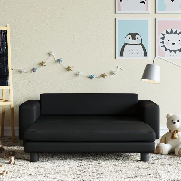 vidaXL Sof&aacute; para ni&ntilde;os y reposapi&eacute;s cuero sint&eacute;tico negro 100x50x30 cm