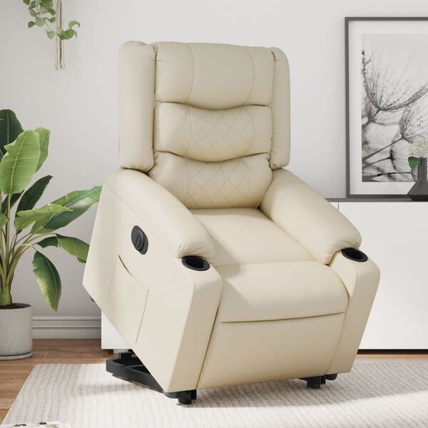 vidaXL Sill&oacute;n reclinable elevable el&eacute;ctrico de cuero sint&eacute;tico crema