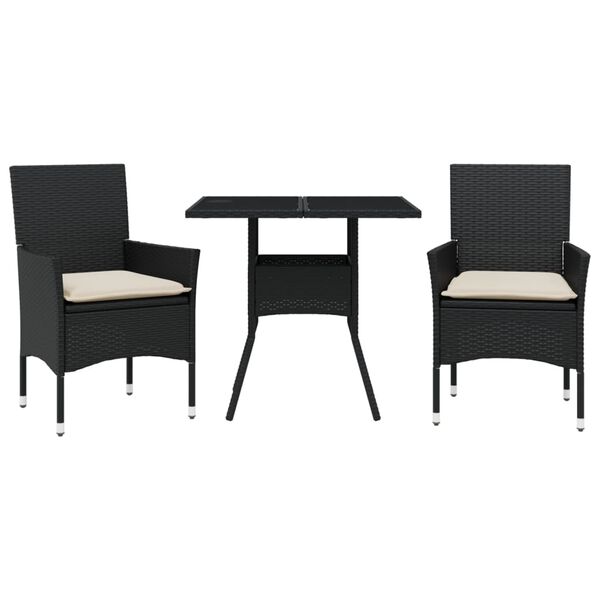 vidaXL Set comedor jardín 3 pzas cojines ratán sintético vidrio negro