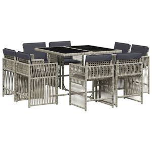 vidaXL Set comedor de jard&iacute;n 9 pzas cojines rat&aacute;n sint&eacute;tico gris claro