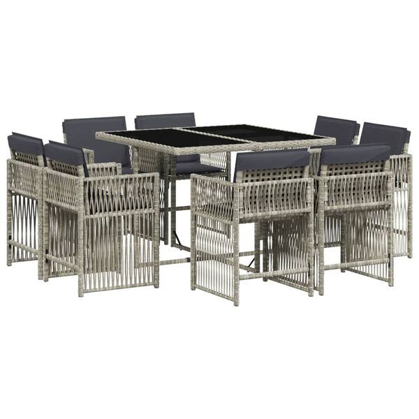 vidaXL Set comedor de jard&iacute;n 9 pzas cojines rat&aacute;n sint&eacute;tico gris claro