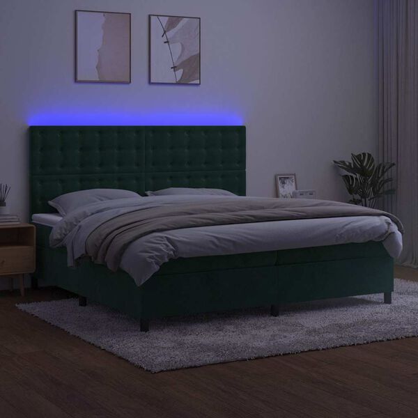 vidaXL Cama box spring colch&oacute;n y LED terciopelo verde oscuro 200x200cm